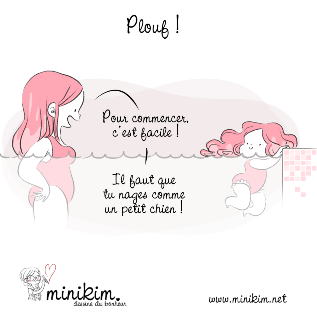 plouf, activités extra-scolaire, piscine, sortie familiale, à la piscine, wouf wouf, nager comme un petit chien, nager comme un chien, bande dessinée, Minikim, BD, blog BD, Illustrateur, illustratrice, dessin, cute, kawaii, rose, apprendre à nager, plouf plouf, couler