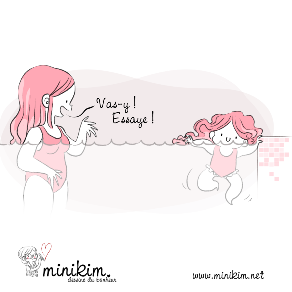 plouf, activités extra-scolaire, piscine, sortie familiale, à la piscine, wouf wouf, nager comme un petit chien, nager comme un chien, bande dessinée, Minikim, BD, blog BD, Illustrateur, illustratrice, dessin, cute, kawaii, rose, apprendre à nager, plouf plouf, couler
