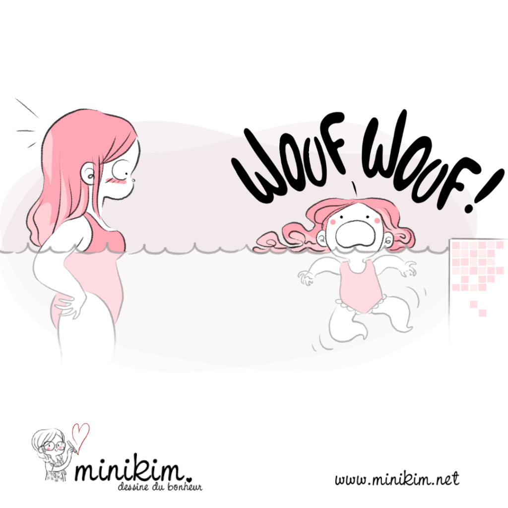 plouf, activités extra-scolaire, piscine, sortie familiale, à la piscine, wouf wouf, nager comme un petit chien, nager comme un chien, bande dessinée, Minikim, BD, blog BD, Illustrateur, illustratrice, dessin, cute, kawaii, rose, apprendre à nager, plouf plouf, couler