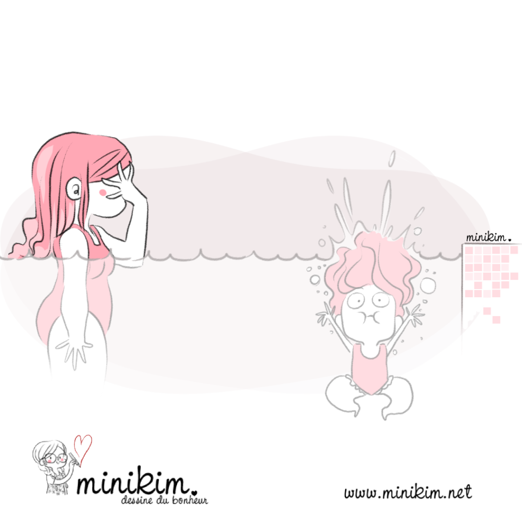 plouf, activités extra-scolaire, piscine, sortie familiale, à la piscine, wouf wouf, nager comme un petit chien, nager comme un chien, bande dessinée, Minikim, BD, blog BD, Illustrateur, illustratrice, dessin, cute, kawaii, rose, apprendre à nager, plouf plouf, couler