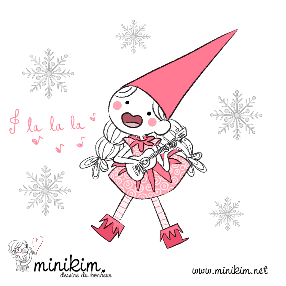 Justine, lutine, lutinette, lutin coquin, coquine, guitare, dessin, illustration, Noël, Minikim, flocon, neige, musique, lalala, falala, chants de Noël, petit lutin, lutine, lutinette, chapean pointu, turlututu, temps des fêtes, mignon, cute, kawaii, dessiner,
