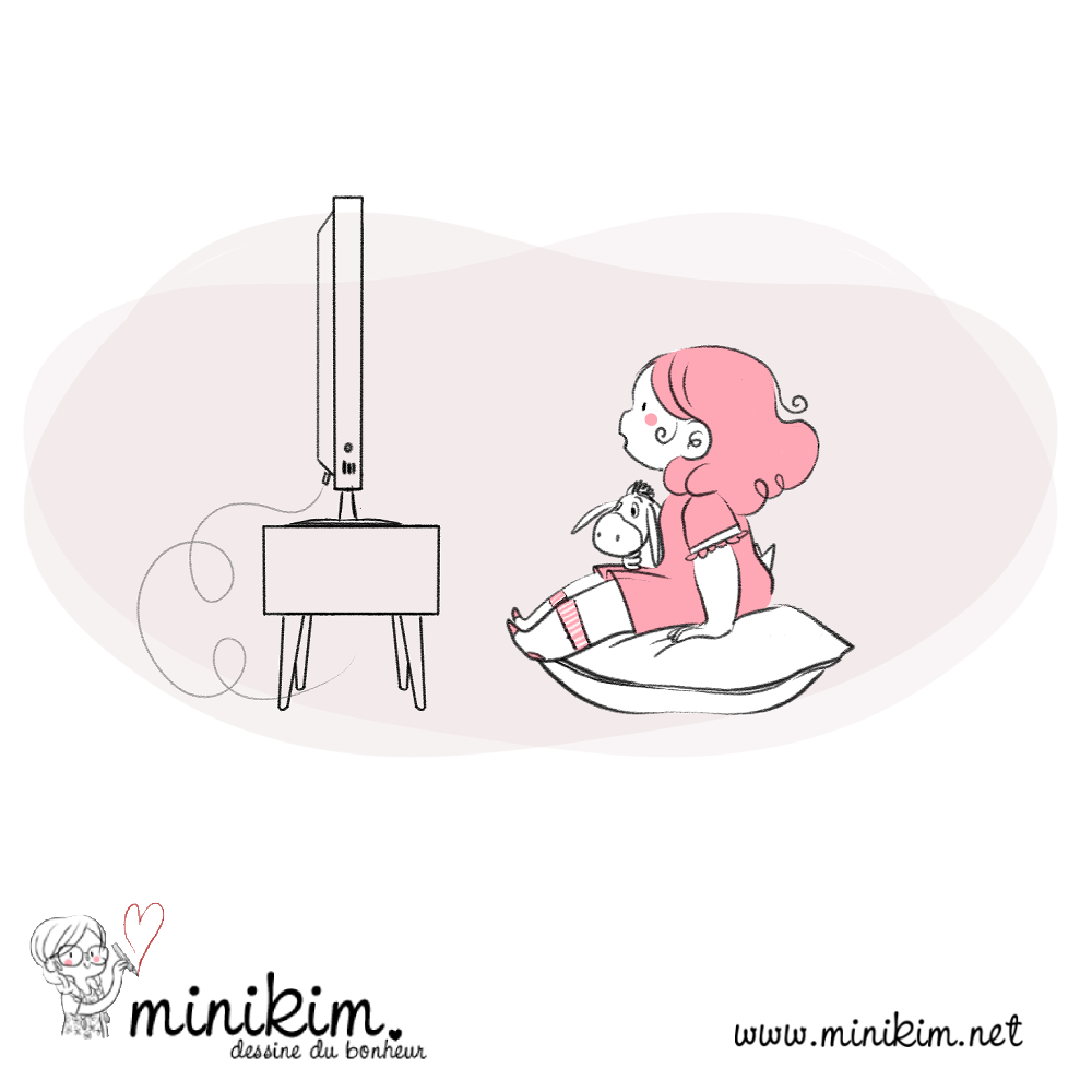 Illustration de Minikim qui représente une fillette absorbée par un programme de télévision assise sur un gros coussin.