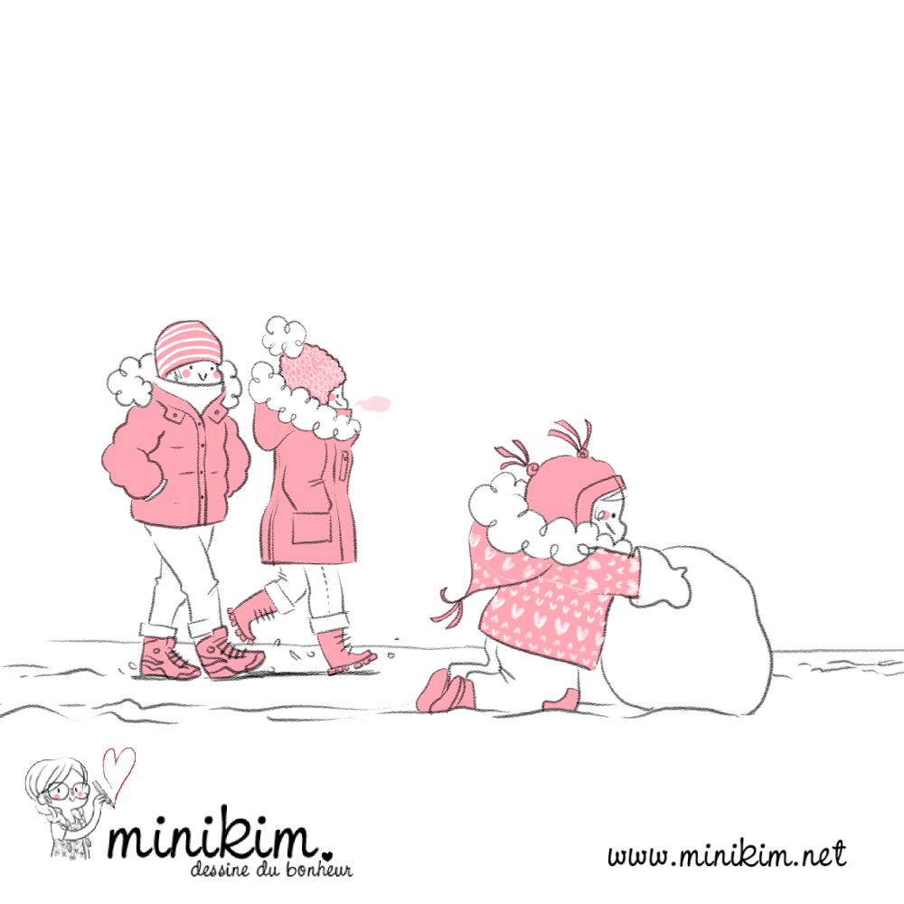 Illustration de Minikim représentant une famille, le père, la mère et leur fille, en train de se promener sur a neige. La fille commence un bonhomme de neige.