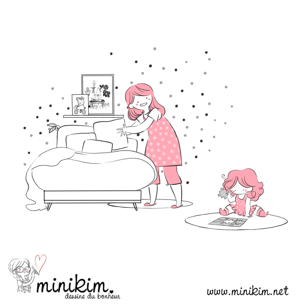 Minikim, chambre d'enfant, douceur, puzzle, casse tête, rose, Montréal, autrice, Auteur indépendant, vie de famille, bande dessinée, illustration, dessin, faire le lit, ensemble, passer du temps avec ses enfants