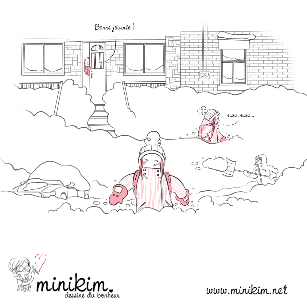 Illustration de Minikim d'une fille adolescente qui marche dans la neige après une très grosse tempête à Montréal, Québec, Canada.