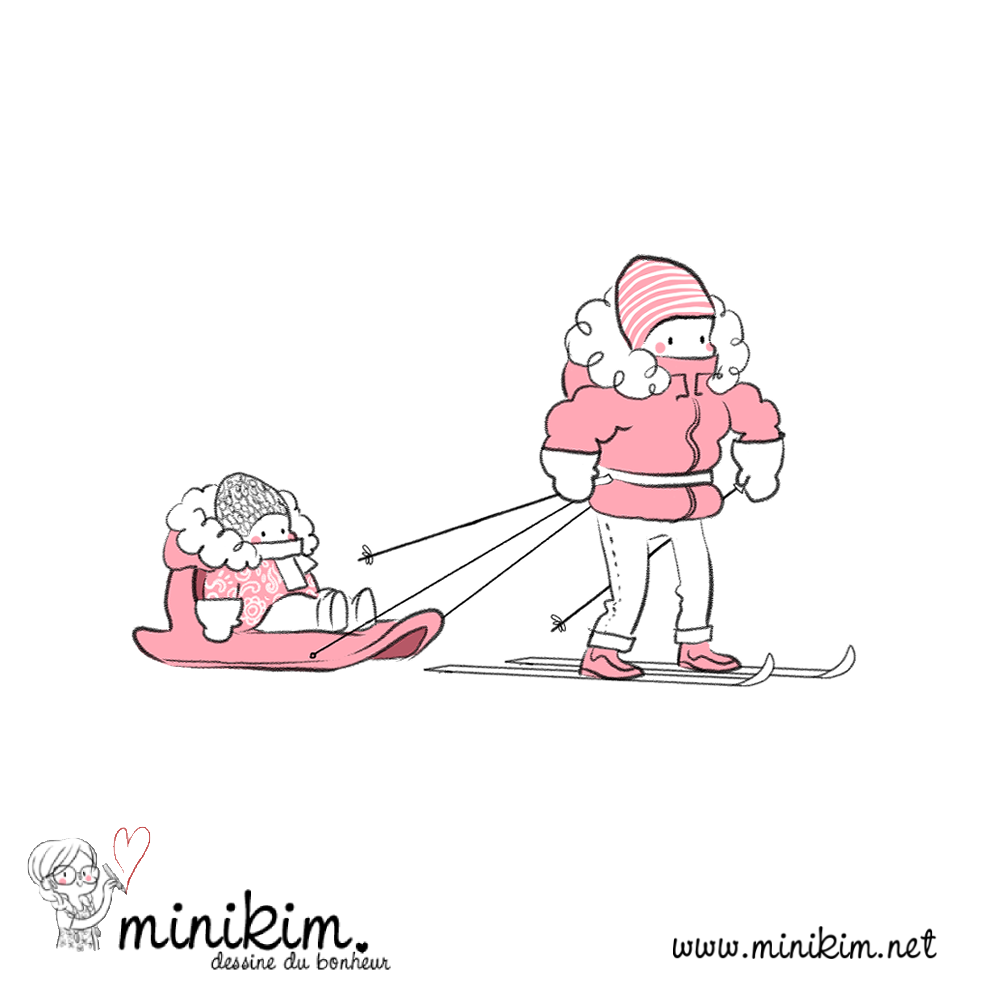 Une illustration de Minikim représentant un père qui fait du ski de fond en tirant sa fille dans une luge