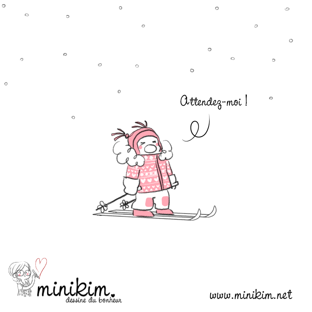 Une illustration de Minikim qui représente un enfant qui apprends le ski de fond et se retrouve à la traine.