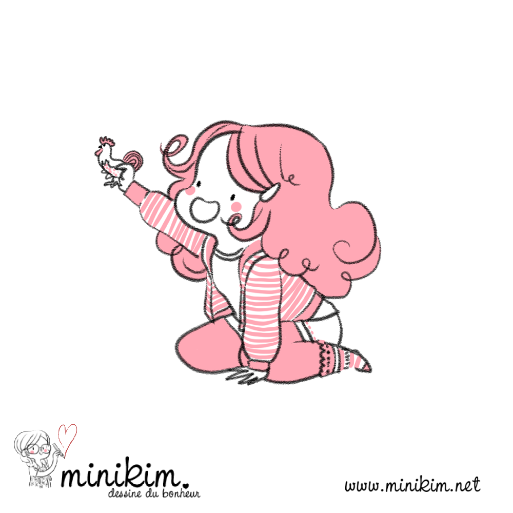 Illustration de Minikim qui représente une petite fille joyeuse en train de jouer avec un coq playmobil