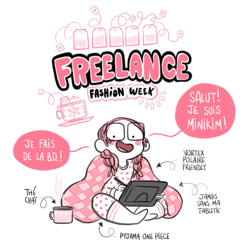 Illustration de Minikim : Une femme est assise au sol avec un énorme plaid sur le dos, elle dessine sur une tablette graphique et une tasse de thé est posée à ses côtés.