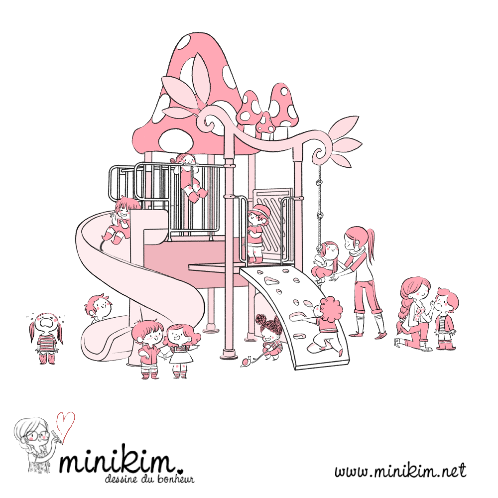 Illustration de Minikim représentant un module de jeux avec une dizaine d'enfants d'âge préscolaire et leur éducatrices