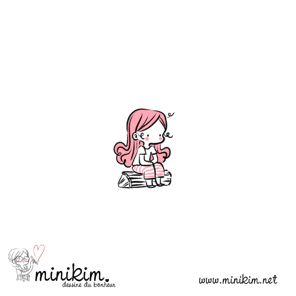 Illustration de Minikim qui représente une fillette à l'air triste assise sur une bûche de bois