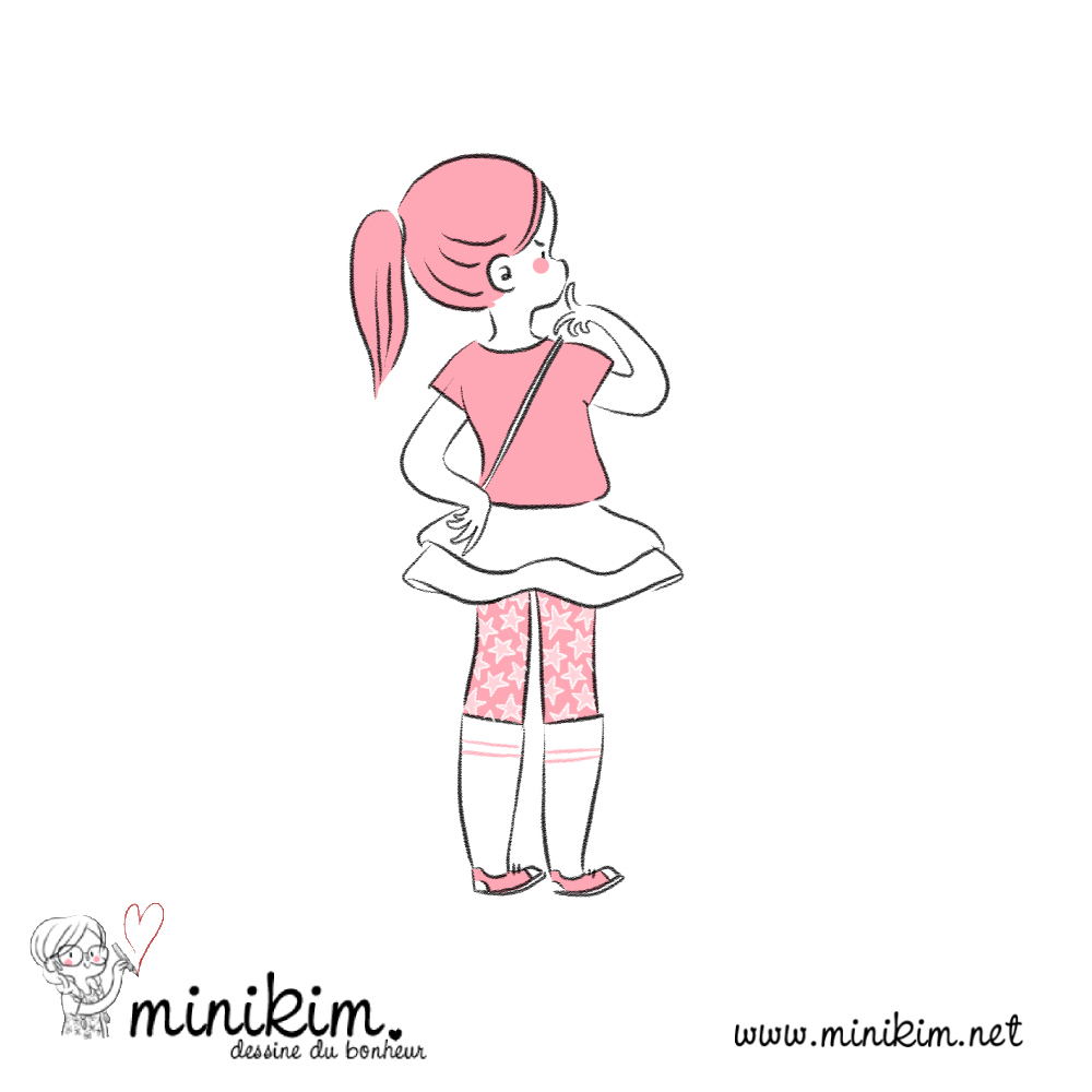 Illustration de Minikim qui représente une jeune fille, doigt sur le menton en train de réfléchir.