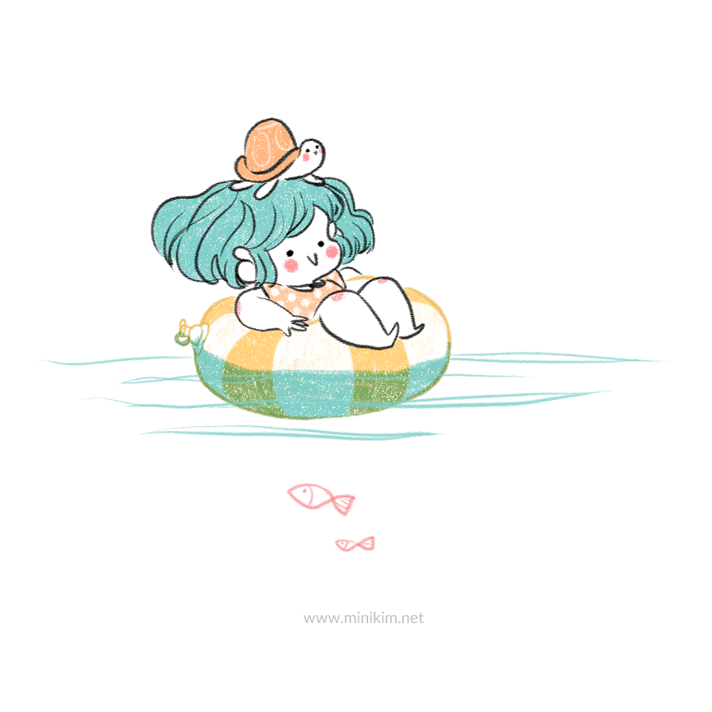 Voguer vers de nouveaux horizons, flotter, sur une bouée, Bulle aux cheveux bleus, Bulle, Minikim, Illustrations, dessin , illustration, illustratrice, Plouf, fraicheur, été, illustrer, croquis, art, mignon, adorable, douceur, poissons rouges, eau claire, eau transparente