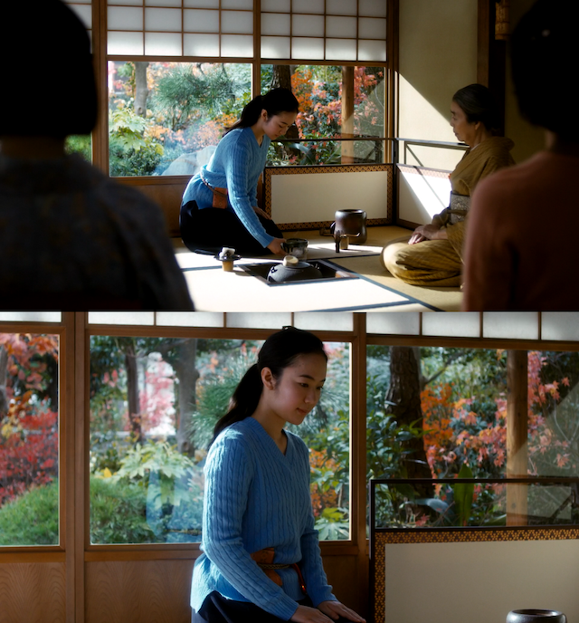 Noriko dans un jardin qu'on dirait éternel Le furo, foyer et toutes les formes d’arrangement du charbon de bois sumi et de ratissage des cendres haigata dans le brasero. Le futa oki, cylindre de bambou ou de céramique sur lequel on pose le couvercle de la bouilloire.