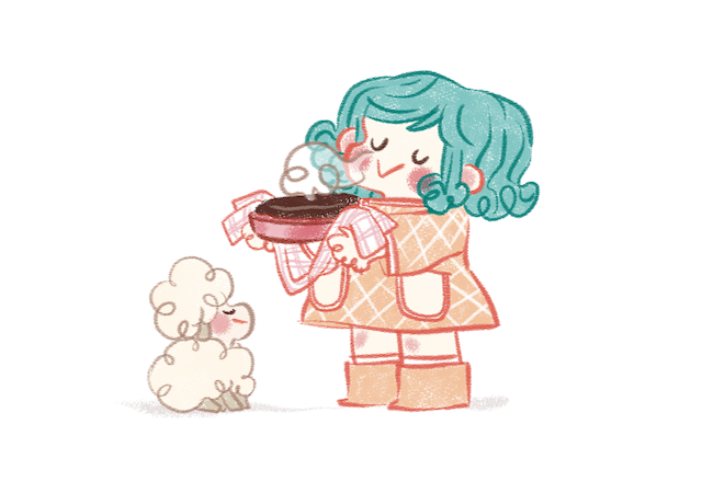 Bulle en train de sentir le parfum d'un gâteau aux épices tout juste sorti du four ! Le Mouton Mignon est à côté d'elle. Illustration de Minikim, autrice de BD.