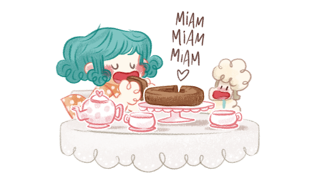 Bulle et le Mouton mignon sont en train de déguster un gâteau aux épices. Illustration de Minikim, autrice de Bande dessinée.