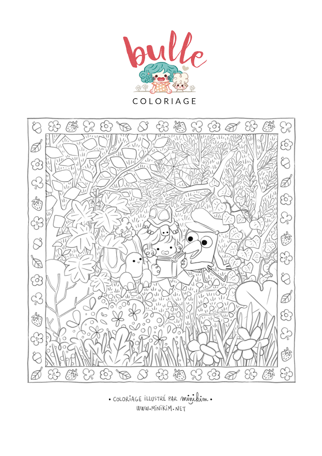 Coloriage de Bulle, Coloriage gratuit, Coloriage de l'été, Coloriage enfant, coloriage adulte, coloriage mignon, kawaii, jeunesse, bd jeunesse, télécharger coloriage gratuitement, coloriage Minikim, illustration jeunesse, téléchargement coloriage, Coloriage nature, coloriage détente, coloriage forêt, tortue, oiseau, mouton, Bulle, feuillage, repos, lecture