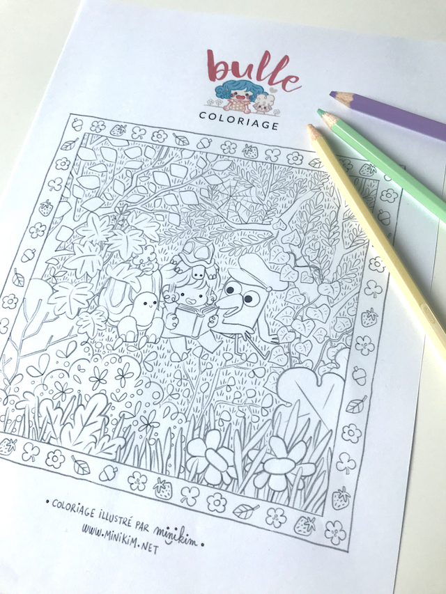 Coloriage de Bulle, Coloriage gratuit, Coloriage de l'été, Coloriage enfant, coloriage adulte, coloriage mignon, kawaii, jeunesse, bd jeunesse, télécharger coloriage gratuitement, coloriage Minikim, illustration jeunesse, téléchargement coloriage, Coloriage nature, coloriage détente, coloriage forêt, tortue, oiseau, mouton, Bulle, feuillage, repos, lecture