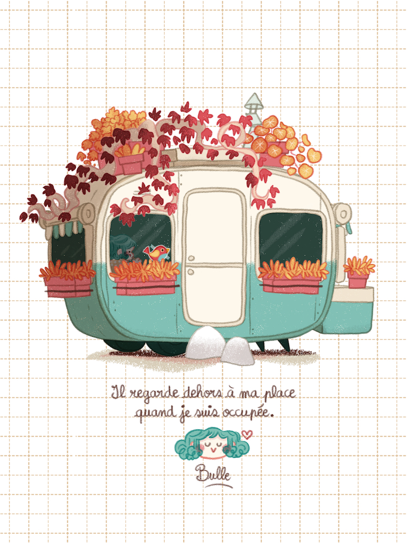 BD de Bulle : un oiseau découpé dans un dessin, scotché sur la vitre de la caravane